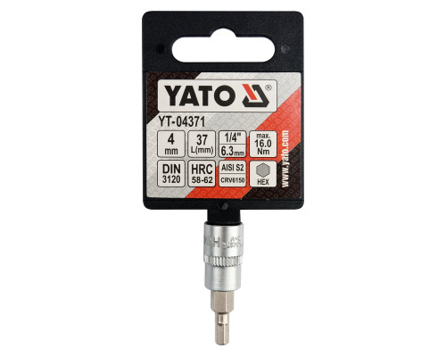 Головка торцевая YATO квадрат 1/4″. HEX M4, L= 37 мм (YT-04371)
