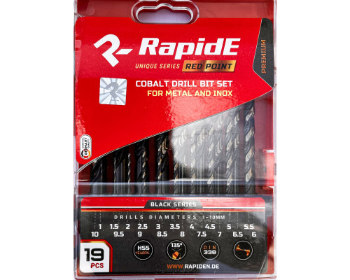 Набір кобальтових свердел по металу RapidE RED POINT 19шт Black Series (від 1мм до 10мм з кроком 0.5мм)